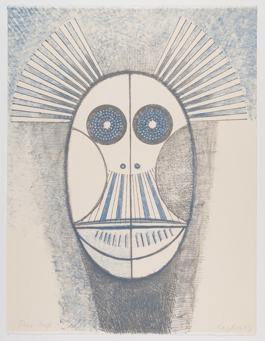 A color print of a stylized oval face with large round eyes, semi-circular cheeks, and striped mouth or beak in blue and gray.