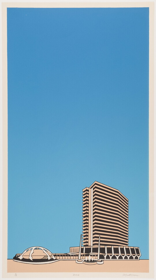 A vertically-oriented color print of a tall building and a domed architectural feature beneath a clear blue sky.