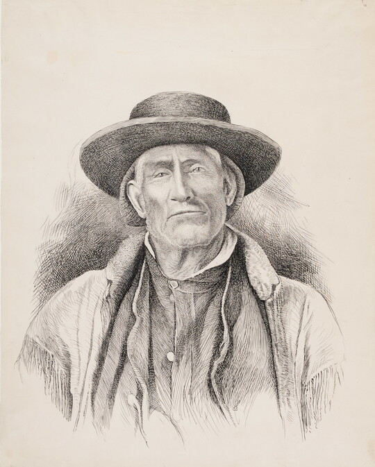 A black-and-white drawing of a man wearing a wide brimmed hat and a jacket with fringe on the shoulders over a button-down shirt.