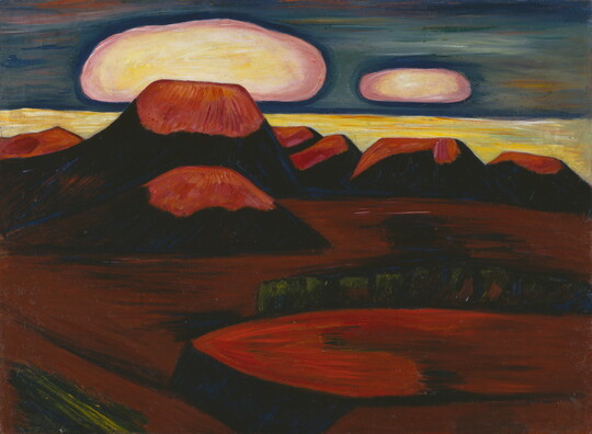 An abstract landscape painting of a group of red plateaus at sunrise or sunset.