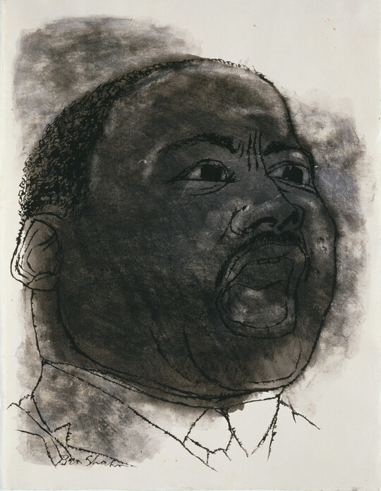 A black-and-white ink portrait of Martin Luther King Jr. with his mouth open, as if speaking.
