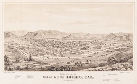 A sepia-toned print of a town as viewed from a high hill showing a grid of streets, buildings, homes, and high mountains in the distance.