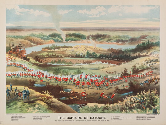 A color print of fighting soldiers in red uniforms surrounding a lake with an Indigenous village in the distance.