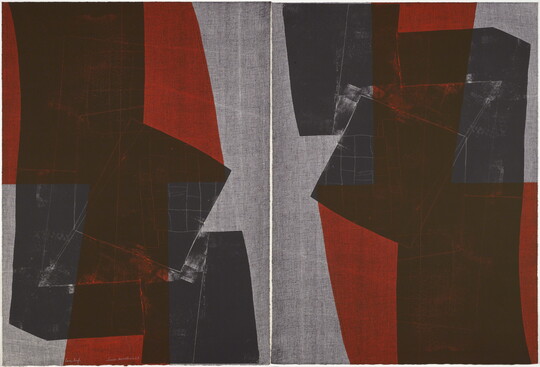 Two side-by-side abstract color prints of layered black and red transparent squares on a gray background.