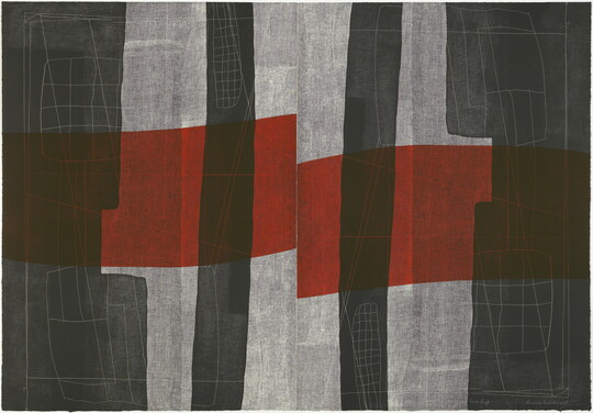 Two side-by-side abstract color prints of layered black and red transparent rectangles on a gray background.
