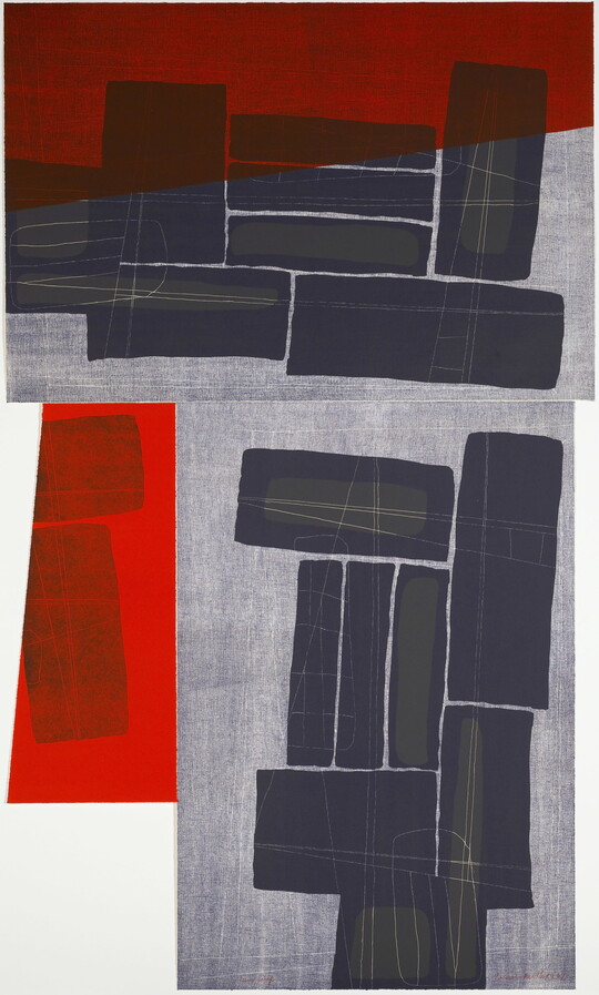 An abstract color print of a variety of rectangular red, black, and gray shapes, some with thin white lines.