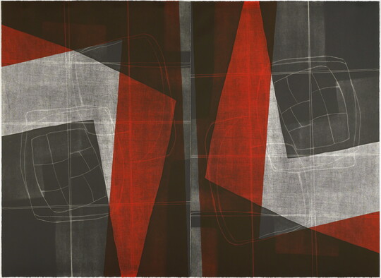 An abstract, geometric print in red, black, and gray.