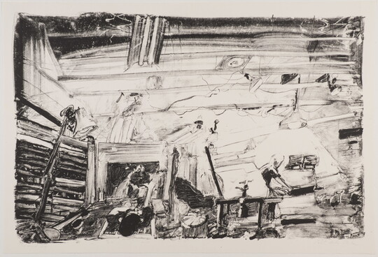 An abstract black-and-white print of artists working in a studio.