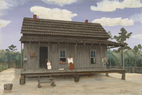 An oil painting of a White man, White woman, and a White child sitting in chairs on the porch of a wood house.