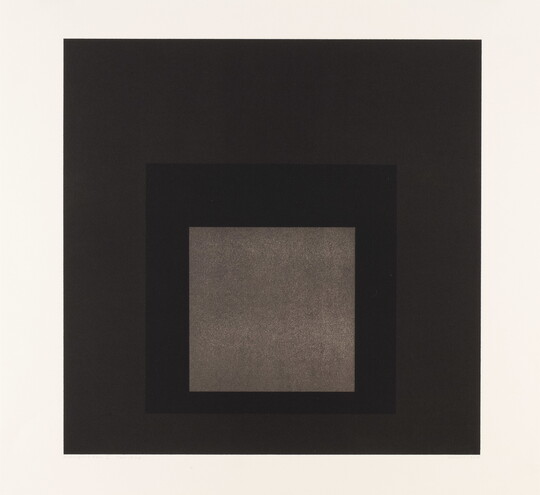 An abstract color print of three squares nested from largest to smallest in brown, dark brown, tan.