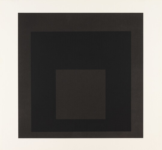 An abstract color print of three squares nested from largest to smallest in brown, dark brown, brown.