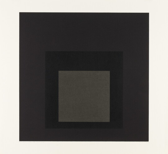 An abstract color print of three squares nested from largest to smallest in brown, dark brown, light brown.