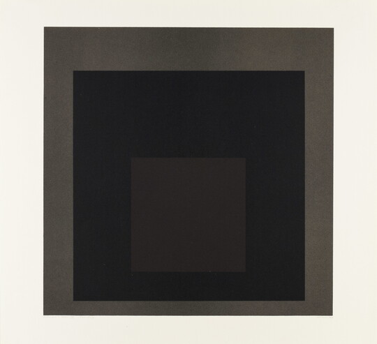 An abstract color print of three squares nested from largest to smallest in light brown, dark brown, brown.