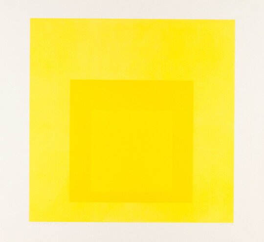 An abstract color print of three squares nested from largest to smallest in bright yellow, gold-yellow, yellow.