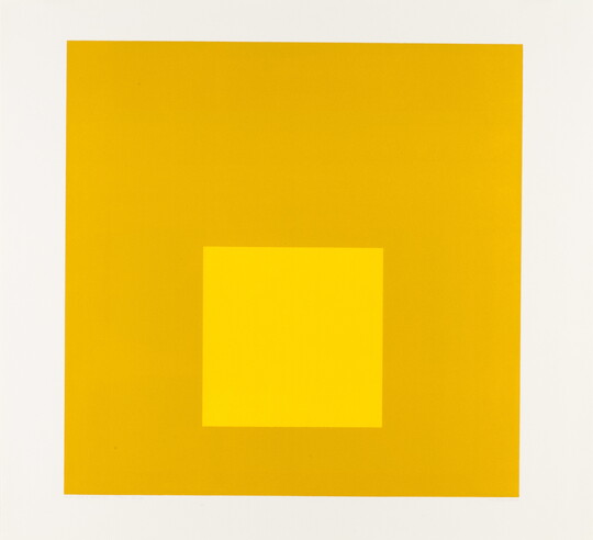 An abstract color print of two squares nested from largest to smallest in gold, yellow.