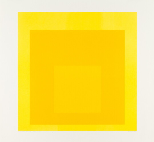 An abstract color print of three squares nested from largest to smallest in yellow, gold, gold-yellow.