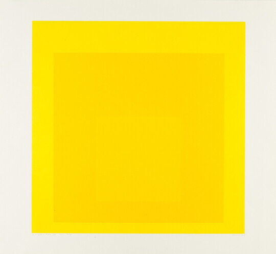 An abstract color print of three squares nested from largest to smallest in bright yellow, gold, gold-yellow.
