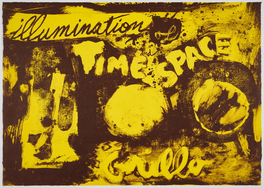 An abstract color print of various organic shapes in yellow and brown and the words, "Illumination of Time and Space" and "Grillo."