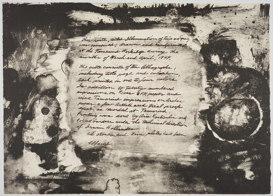 An abstract black-and-white print with various organic shapes surrounding text written in cursive.