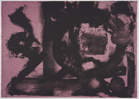 An abstract color print of black lines and organic shapes on a pink background.