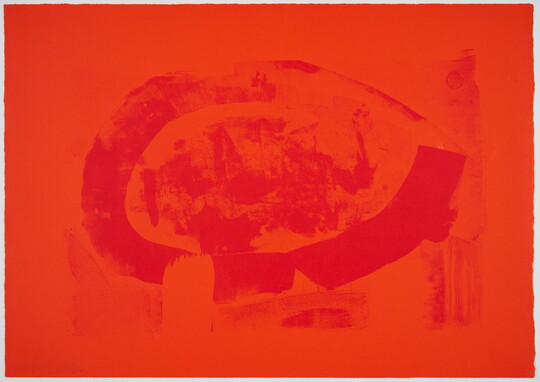 An abstract color print of a red oval and other organic marks on an orange background.