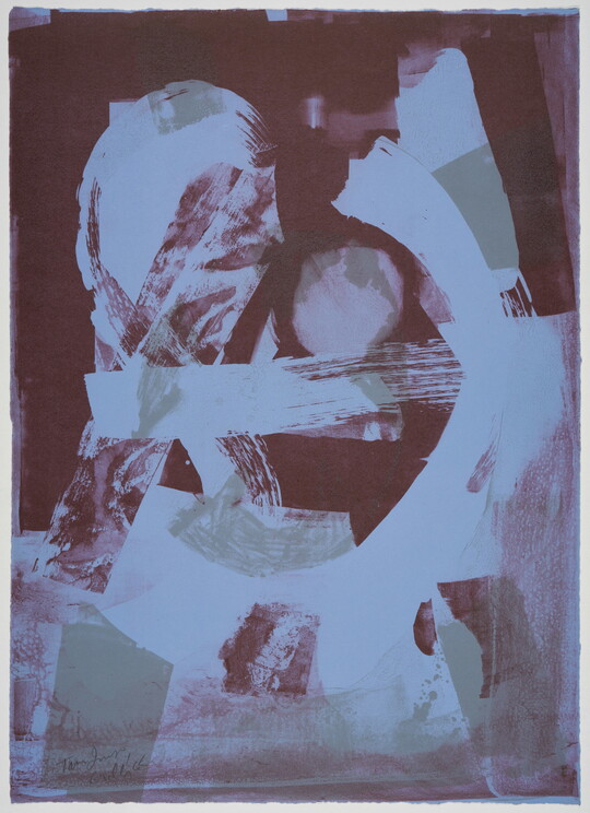 An abstract color print of purple and green marks and shapes on a light blue background.