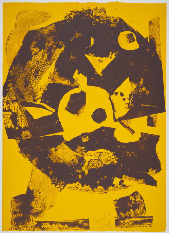 An abstract color print of brown marks and shapes that form a circular shape on a yellow background.