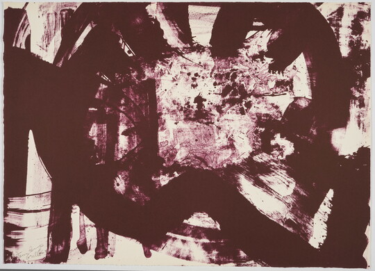 An abstract color print of thick dark red strokes and smudges in a circular shape on a white background.