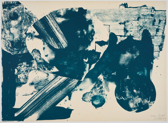 An abstract color print of blue lines, strokes, and organic shapes on a white background.