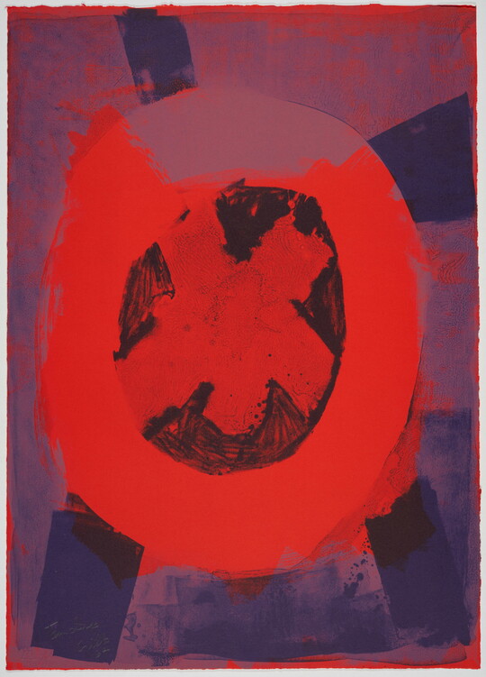 An abstract color print of a red circle with an asterisk in the center surrounded by blue and purple lines and smudges on a dark red background.