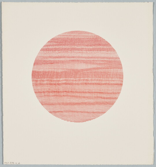 An abstract color print of a red circle made up of wavy red lines of varying thicknesses.