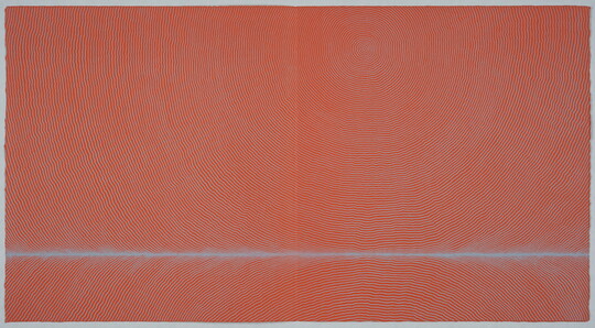 An abstract color print of tightly packed, undulating red and gray lines in a circle colliding with a their mirror image along a pale gray horizon line.