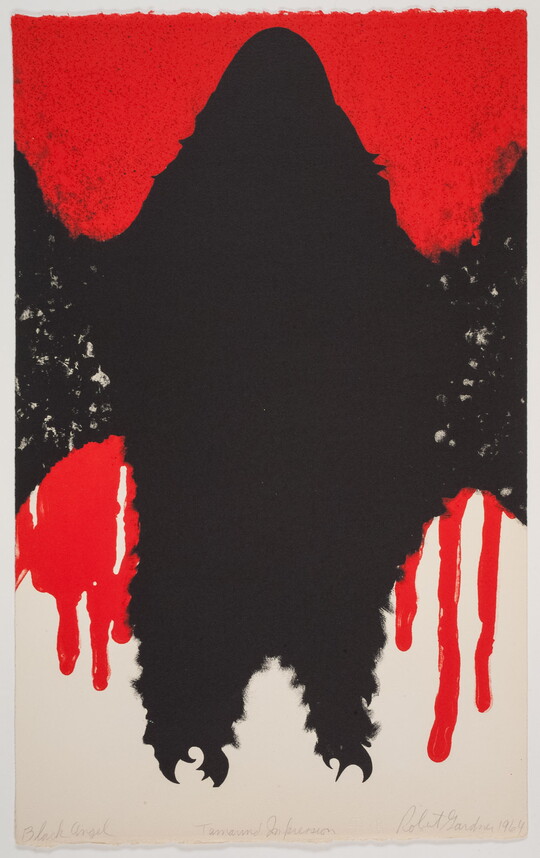 An abstract color print of a monster-like black figure in the center of a dripping red background.