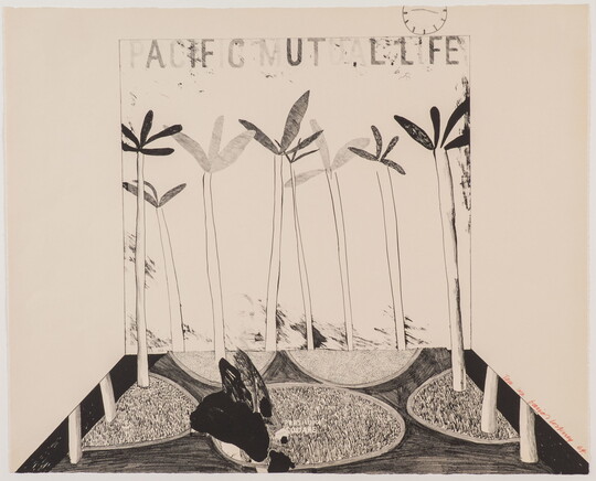 An abstract black-and-white print with lettering at the top that says, "Pacific Mutual Life," above several palm trees.