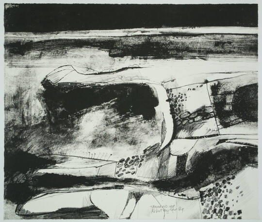 An abstract black-and-white print of organic forms and dots below two dark horizontal bands.