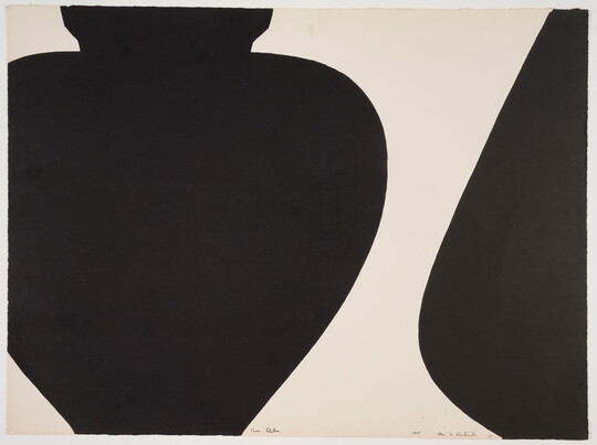 A black-and-white print of two tightly-cropped black silhouettes of bulbous urns.