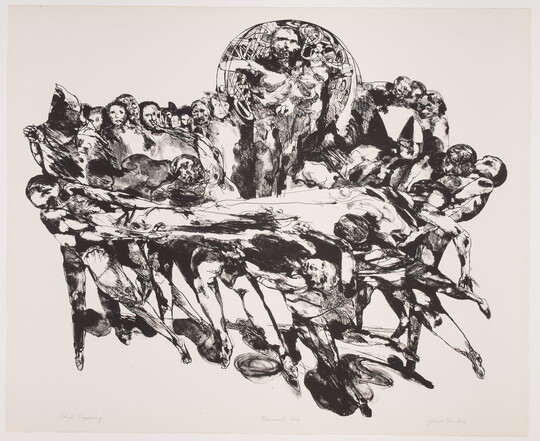 An abstract black-and-white print of a group of human figures holding up two horizontally-oriented figures and one large figure in front of an orb.