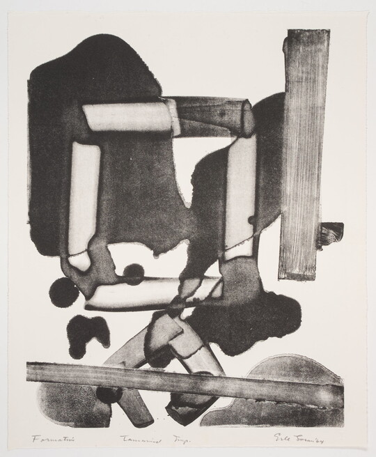 An abstract black-and-white print of a jumble of organic shapes and rectangles.