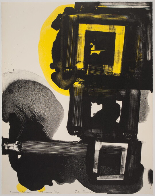 An abstract color print of three stacked black squares, a yellow circle behind the top square, and black blobs.