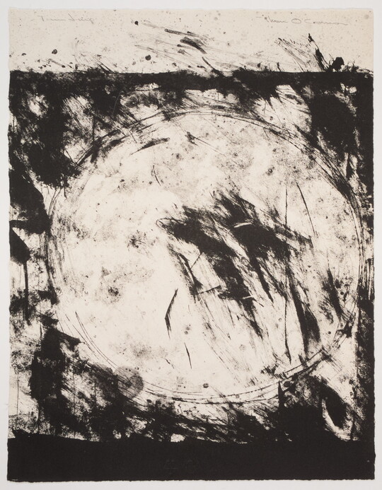 An abstract black-and-white print of a white circle with black shading and lines around and in the circle.