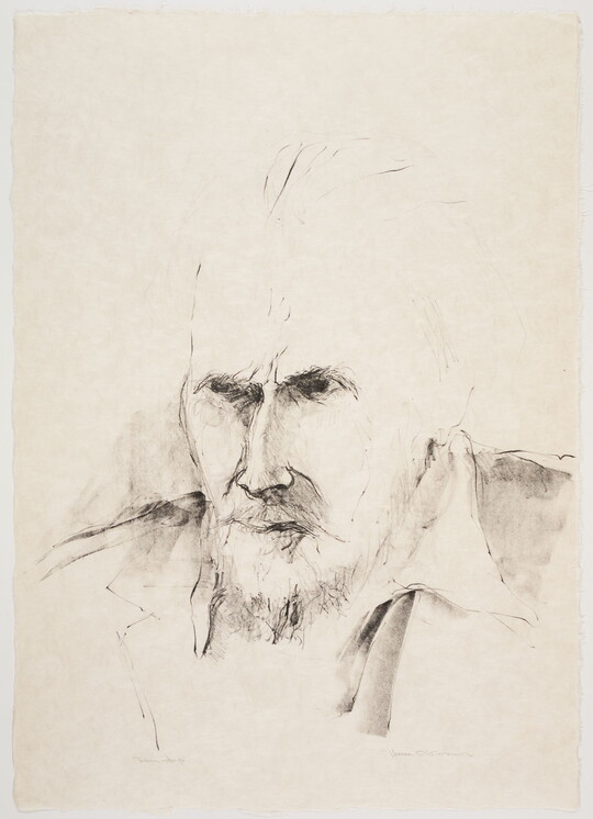 A black-and-white portrait print, rendered in a sketch-like style, of the head and shoulders of a White man with little to no hair, a beard, and deep-set eyes.