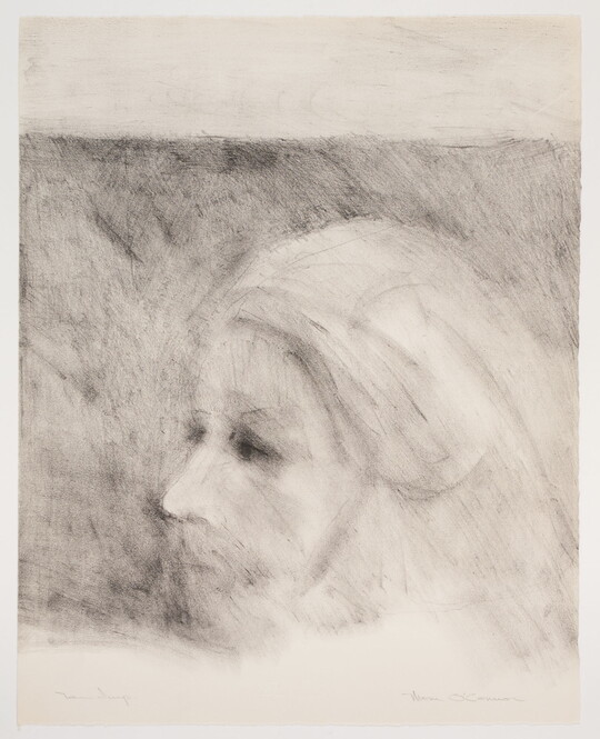 A black-and-white print of a woman's face in profile in a very soft and abstract style.