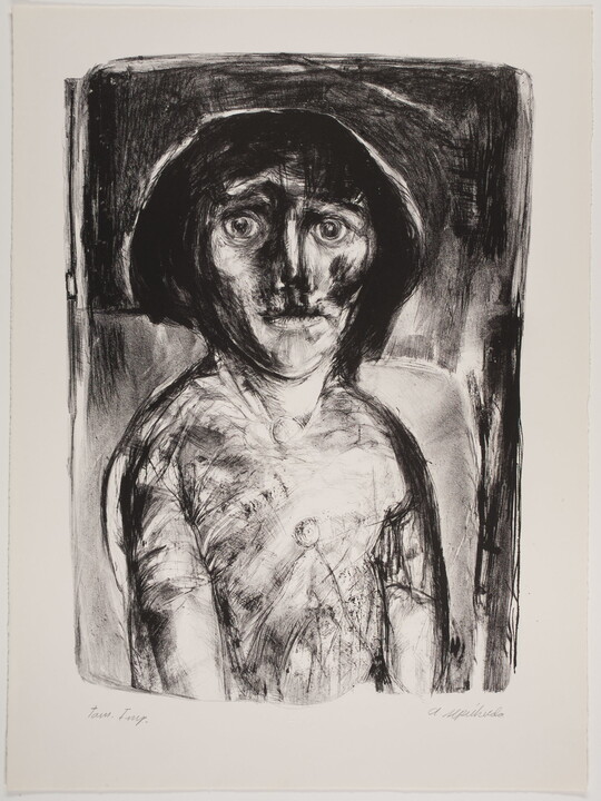 An abstract black-and-white print portrait of a person from the waist up with a bob haircut.