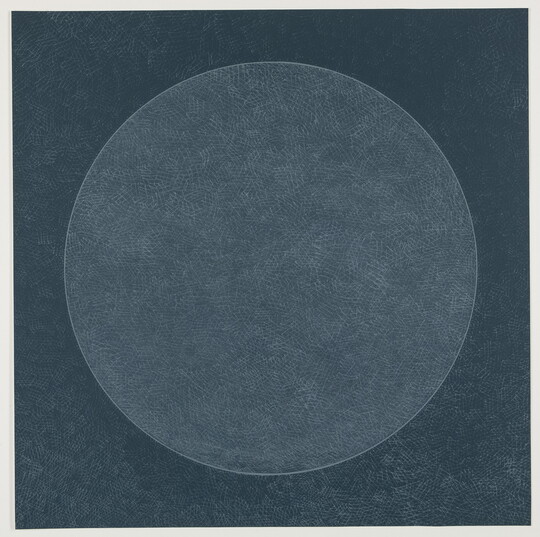 An abstract color print of a gray-blue circle on a darker gray-blue background.
