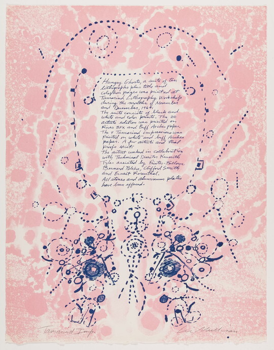 A color print of a delicate blue design on a pink background surrounding a handwritten text.