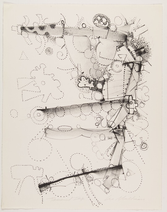 An abstract black-and-white print of overlapping outlines and shapes, with several shaded to form a backward E.