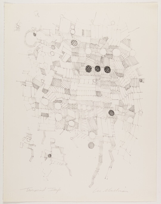 An abstract black-and-white print of varying lines, patterns, and shapes in a quilt-like arrangement, with three dark circles near the center.