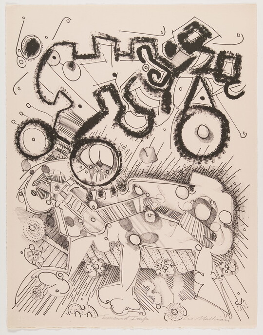An abstract black-and-white print of lines and shapes, some resembling mechanical parts, with thinner outlines at bottom and thicker outlines at top.