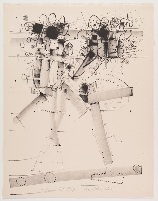 An abstract black-and-white print of circles, lines, and shapes in two side-by-side, vertical, robot-like compositions.