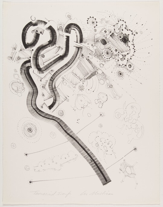 An abstract black-and-white print with a dark looping line across from the lower right to the upper left and thin lines and patterns in the background.